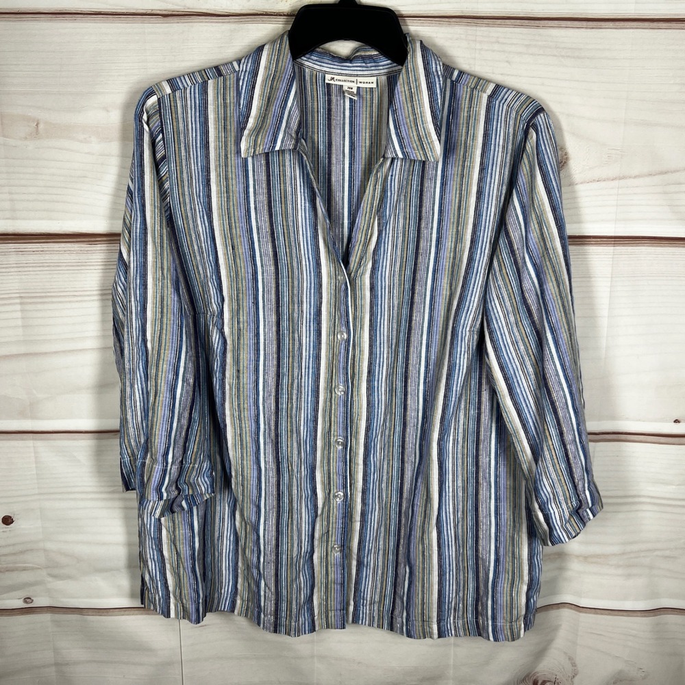 JM Collection Top Women 20W Blue Striped Linen Blend 3/4 Sleeve Button Up Blouse
